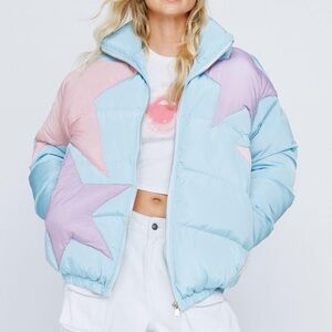 Nasty Gal Pastel Star Colorblock Puffer Jacket - Light Blue, Pink, Lavender
